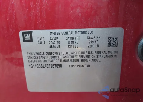 2014 Chevrolet Malibu 1Lt z USA, uszkodzony, nr VIN 1G11C5SL4EF267090